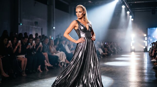 Fashion model walks the runway in a shimmering silver metallic gown at a glamorous fashion show event with audience watching