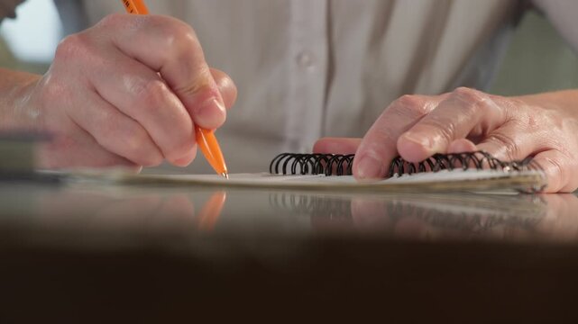 Woman hand writing notes in notebook with ballpoint pen while sitting at desk in office room close-up