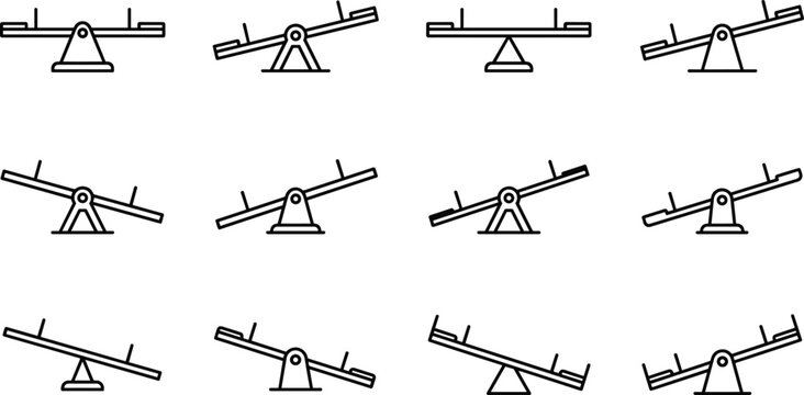 Seesaw icon set vector illustration featuring minimalist playground teeter totter symbols in balanced tilted positions for linear graphic design elements