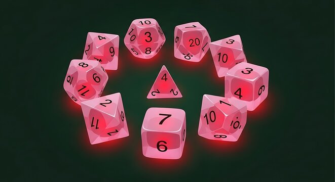 A digital illustration of eleven pink dice, of various shapes and numbers, arranged in a circle