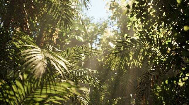 Sunlit Forest Canopy with Soft Focus Tropical Palm Leaves and Dappled Light Atmosphere tropical leaves palm leaves sunlit forest canopy soft focus green foliage wellness theme tranquil nature dappled