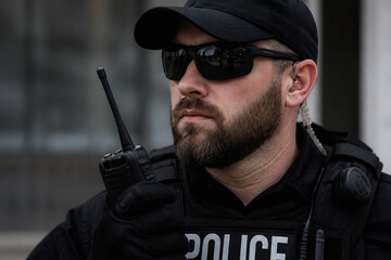 Fototapeta premium A man in a police uniform and cap is pictured outdoors, looking serious while holding a radio.