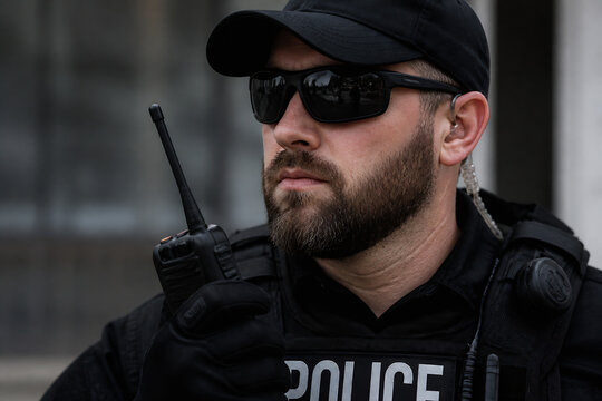 A man in a police uniform and cap is pictured outdoors, looking serious while holding a radio.