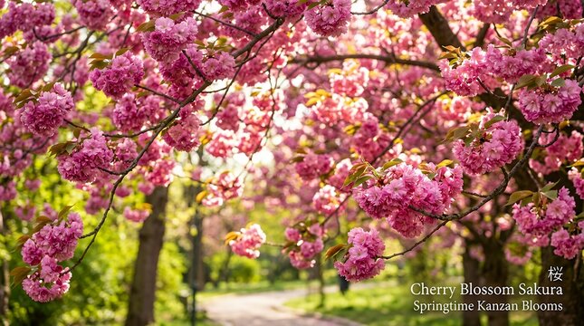 Vibrant Pink Double Cherry Blossoms Blooming During Spring Season Scenic Floral Botanical Background Banner cherry blossom sakura spring flowers pink blossoms kanzan cherry blooming trees floral