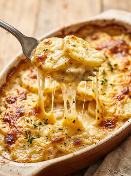 Delicious homemade scalloped potatoes baked with creamy cheese sauce and fresh herbs.