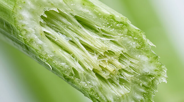 Close-up of broken celery stalk showing fibrous texture and white pith