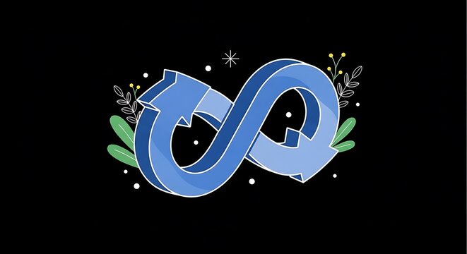 A looping blue arrow symbol, adorned with plant elements, against a black background