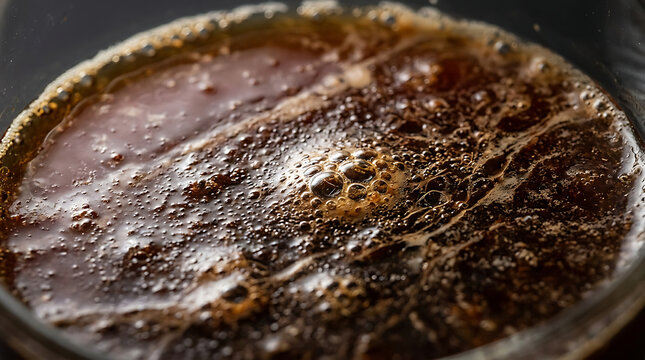 Close-up of bubbling dark liquid, macro, beverage texture, brown foam