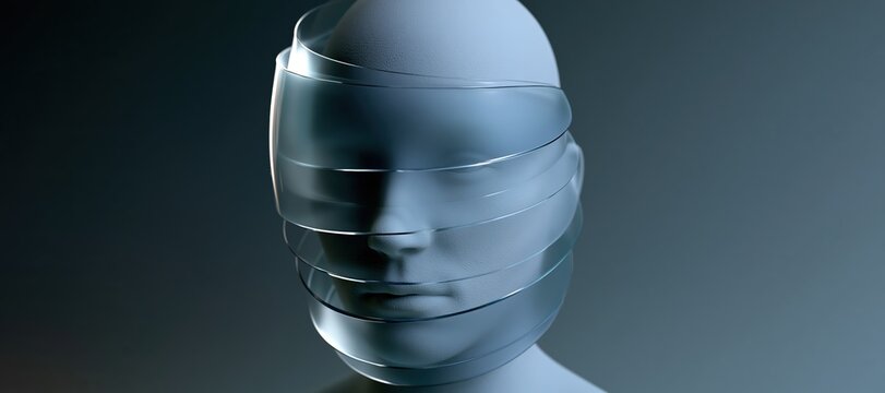 Smooth face sculpture with sliding transparent identity layers and frosted accents