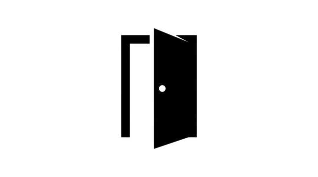Minimalist black door icon featuring a simple flat graphic design style on a clean white background