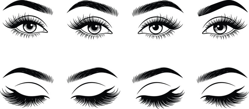 Beautiful female eyes with long eyelashes and perfectly shaped eyebrows set containing open and closed eyes vector illustration for makeup beauty salon