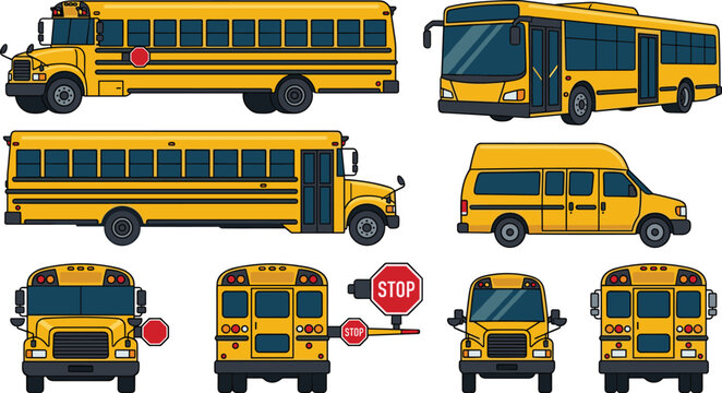 Yellow School Bus and Public Transportation Vehicle Collection with Stop Signs and Cartoon Bus Vector Illustrations