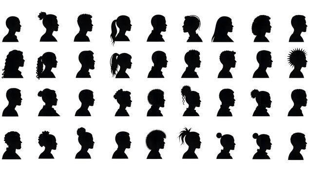 Set of diverse human head silhouettes in profile view for user avatar and identity design.