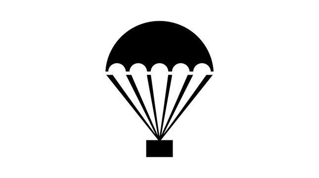 Minimalist black parachute icon featuring bold geometric shapes isolated on a simple light grey background