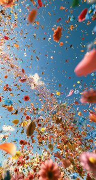 Vibrant explosion of colorful flower petals and blossoms against a bright blue sky