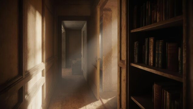 Eerie Hallway with Bookshelf and Sunlight Streaming Through Doorway.