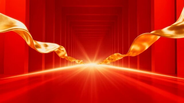 Elegant red background with flowing golden ribbons creating a luxurious celebratory atmosphere, perfect for grand events, festive occasions, and product launches