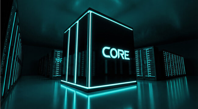 A high tech data center room featuring a massive glowing central processor unit with the word core illuminated in neon blue light surrounded by digital server racks in a dark environment.