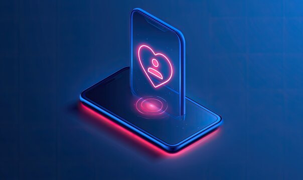 Glowing neon heart icon emerges from a smartphone, symbolizing connection