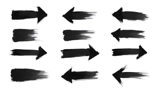 Set of black ink brush stroke arrows isolated on white background for design elements