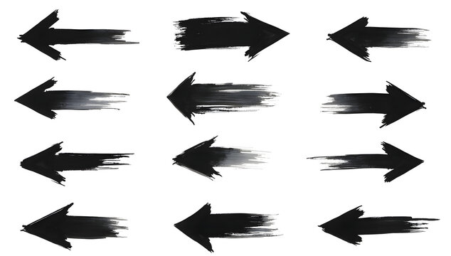 Set of black ink brush stroke arrows isolated on white background for graphic design