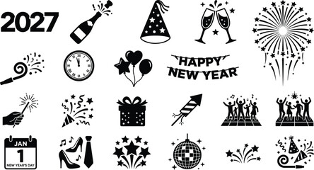 Fototapeta premium Set of black and white New Year 2027 celebration and party vector icons