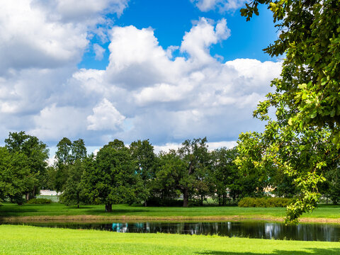 white cloud in blue sky over green trees and pond