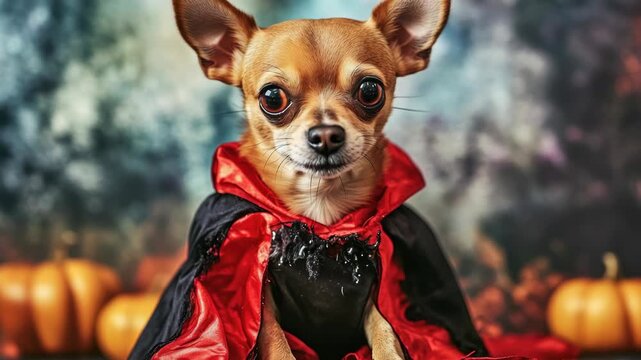 Chihuahua Dog Wearing a Vampire Cape Costume for Halloween