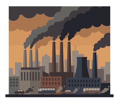 Industrial landscape illustration featuring factory chimneys emitting heavy dark smog and dense urban air pollution from vehicles