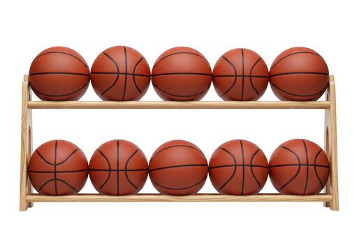 Ten basketballs arranged on a wooden rack on transparent background