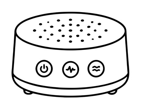 Sleek minimalist vector icon of a portable white noise machine for deep sleep and relaxation, featuring a perforated speaker top and control buttons for sound masking and better rest at home.