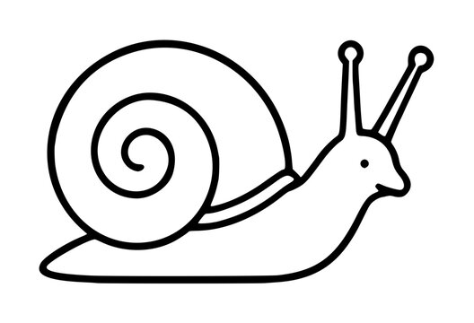 Minimalist black line art vector icon of a charming snail featuring a prominent spiral shell and long antennae, ideal for nature-themed graphic design, educational illustrations, or web symbols.