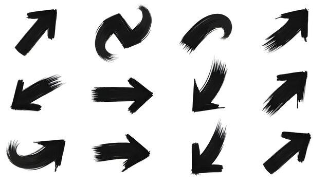 Collection of hand drawn black brushstroke arrows isolated on white background
