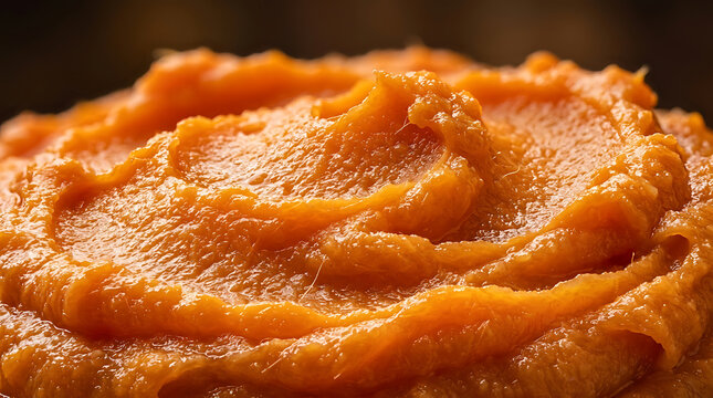 Creamy orange sweet potato puree, textured, close-up, food macro