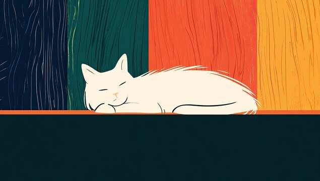 A peaceful white cat sleeps soundly against a vibrant, striped backdrop