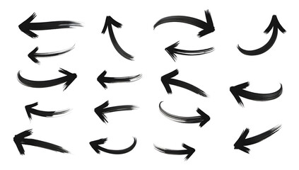 Obraz premium Set of 16 hand drawn black ink brush stroke arrows isolated on white background