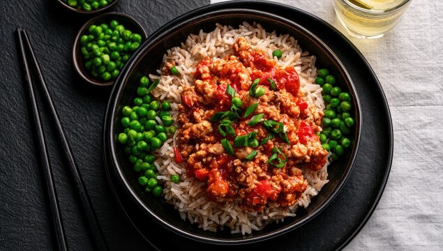 A hearty bowl of seasoned ground meat and tomato served over rice