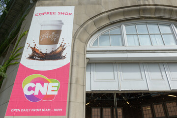 Obraz premium wall mounted banner of the CNE Coffee Shop outside historic building (Railways Building/Music Building, 1907), Exhibition Place, Toronto (22 August 2026)