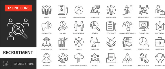 Fototapeta na wymiar Recruitment line icons collection. Searching for and attracting employees and staff. Human resource, headhunting, career, resume, job hiring.