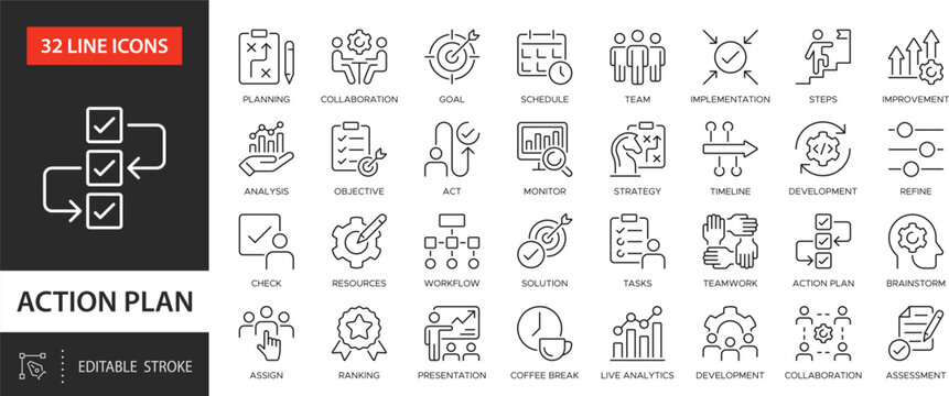 Action plan line icons collection. Planning actions and processes in business operations. Planning, schedule, strategy, analysis, tasks, goal, collaboration.