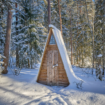 Wooden Triangular Forest Toilet Loo in RMK camping site in woods during cold snowy winter with thick snow and sun shining, camping in the nature in Estonia