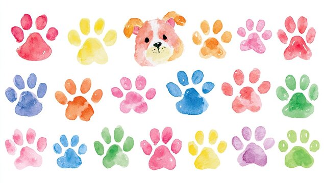 Whimsical watercolor paw prints in rainbow hues surround a cheerful puppy