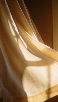 Vertical video: Breeze from open window lifting cream sheer curtain revealing grid shadow at home