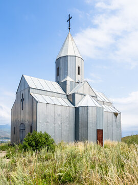building of tin church in Spitak town, Armenia