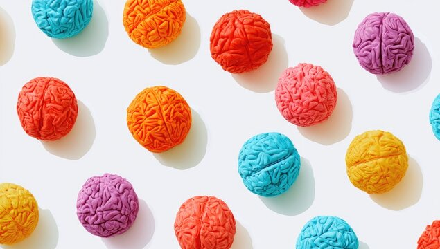 Colorful textured brain models arranged in a repeating pattern on white