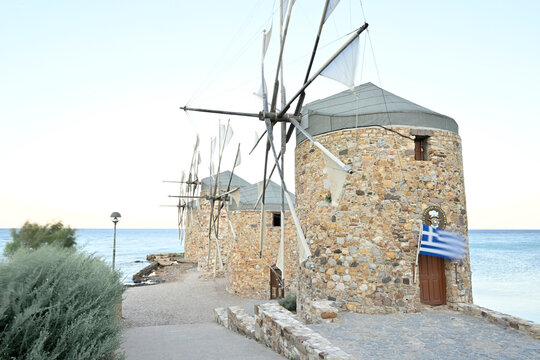Historical stone windmills Tampakika in island of Chios (Sakiz Adasi), Greece     