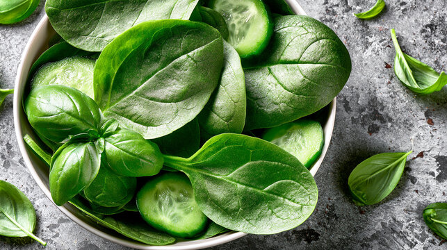 Fresh green spinach and cucumber salad in a white bowl on a rustic stone table with weight loss