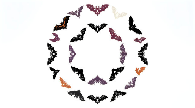 Halloween vector fringe border of colorful bats, October party decoration, spooky seasonal wreath frame, black orange purple flying creatures, festive autumn edge design elements for greeting
