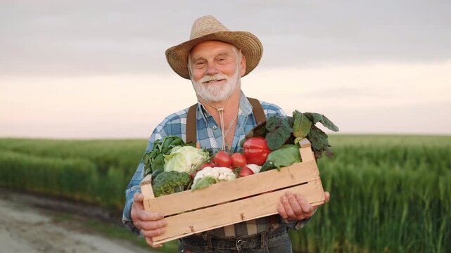Senior male farmer stands at eye level holding wooden crate filled with assorted fresh vegetables, presenting produce toward camera with both hands, with farmer, man, elderly, strawhat detail