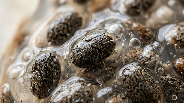 Frog spawn in clear jelly, close-up macro shot, concept of new life and nature